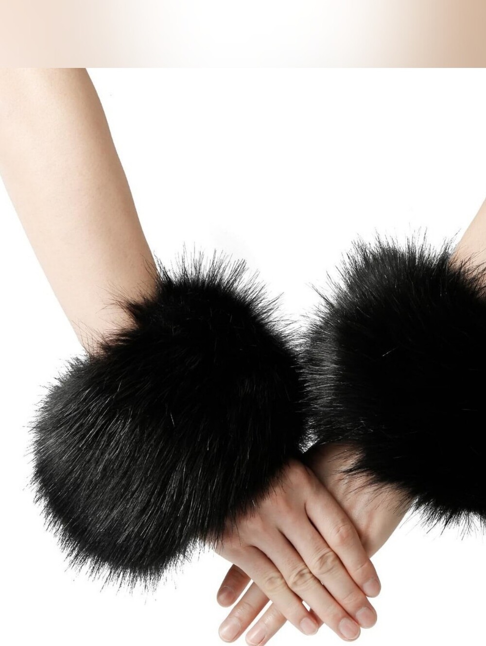 Black Faux Fur Hand Cuffs - Women Accessories